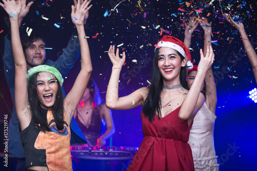 Group of young Asian Women Dancing Together in Nightcub. Woman Dancing with Attractives Smiling. People with Party Concept.