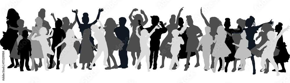 large group of children silhouettes on white