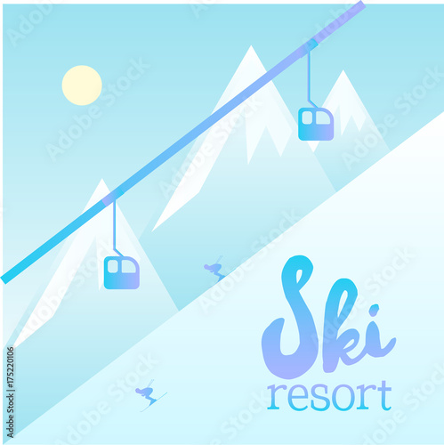 Vector poster of Ski Resort. Illustration showing a ski lift system for skiers. Winter view and a cable car.