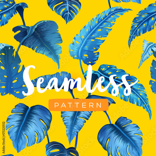 Bright tropical seamless pattern with jungle plants. Exotic background with palm leaves