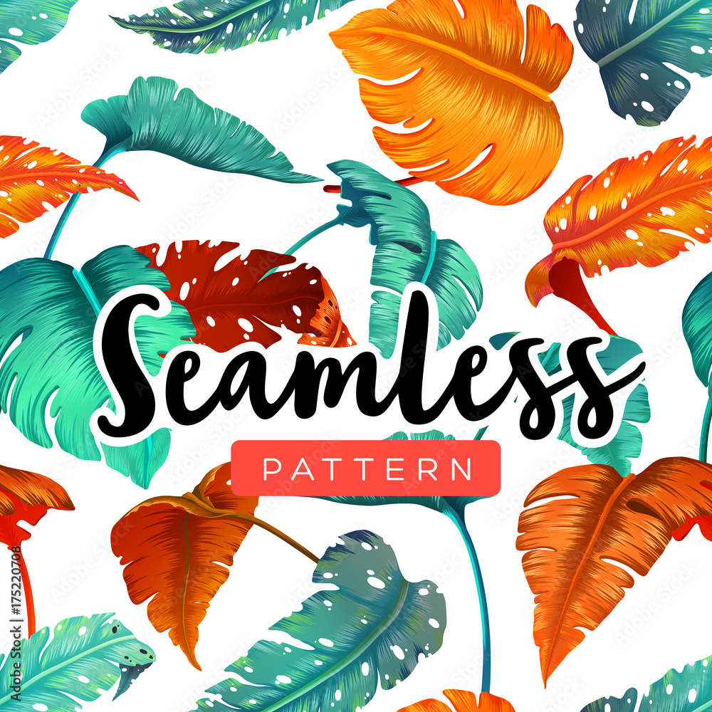 Bright tropical seamless pattern with jungle plants. Exotic background with palm leaves