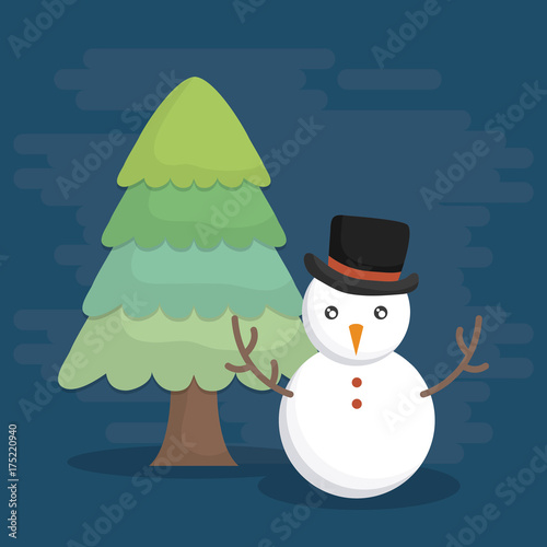 Pine tree and snowman of Merry Christmas season theme Vector illustration