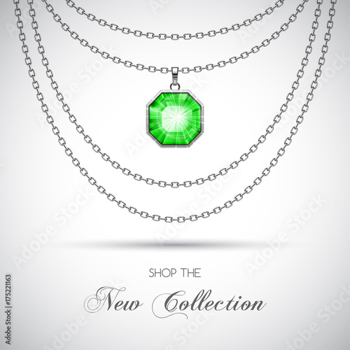 Silver chain necklace with diamond pendant. Vector Illustration