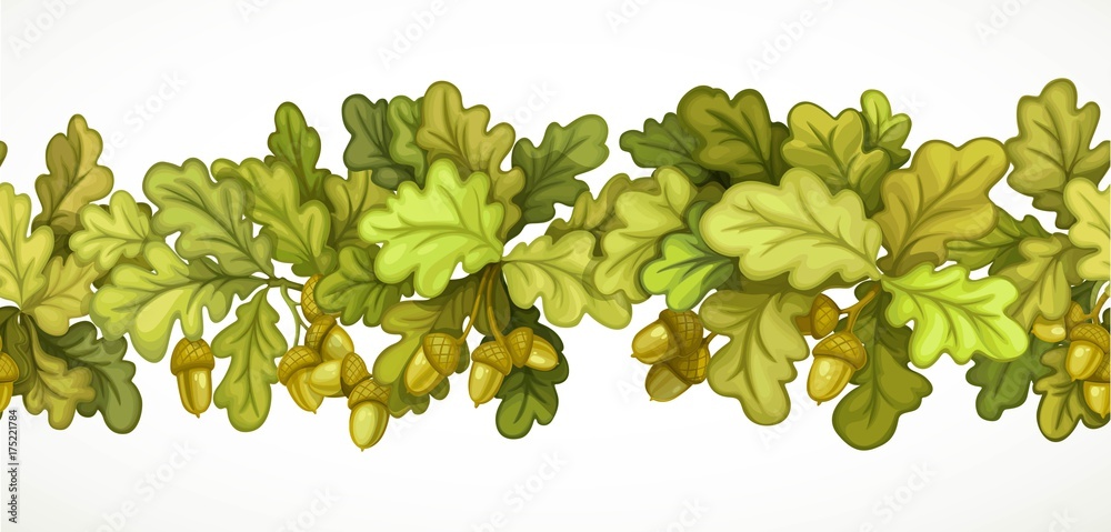 Seamless horizontal autumn garland from oak branches with leaves and acorns isolated on white background Seamless horizontal autumn garland from oak branches with leaves and acorns isolated on white background