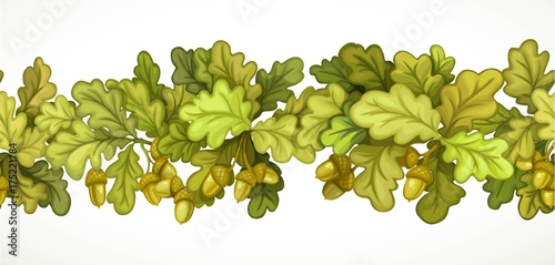 Seamless horizontal autumn garland from oak branches with leaves and acorns isolated on white background