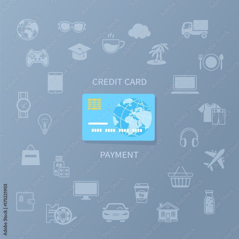 Credit card payment. Cashless payment for goods and services. Credit card and set of service icons. Vector illustration Credit card payment. Cashless payment for goods and services. Credit card and set of service icons. Vector illustration