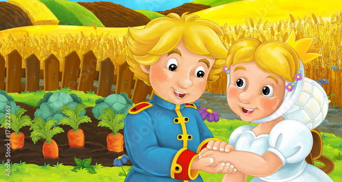 Fototapeta Naklejka Na Ścianę i Meble -  Cartoon happy farm scene with married couple with castle in the background - illustration for children