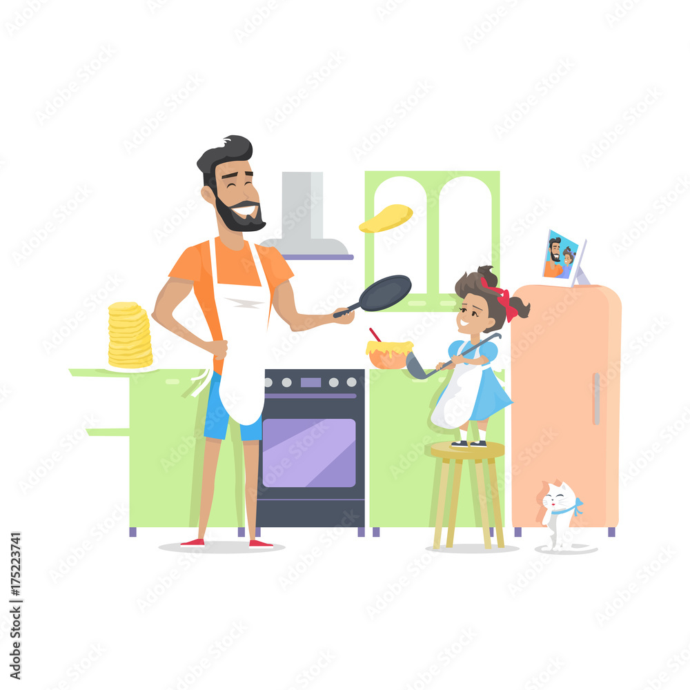 Father and Son Cooking Dinner. Preparing Breakfast Father and Son Cooking Dinner. Preparing Breakfast
