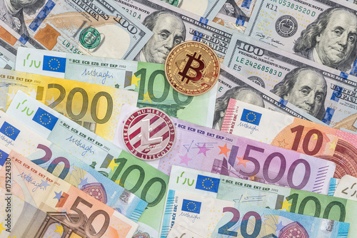 Litecoin and bitcoin with dollar and euro bills. business concept