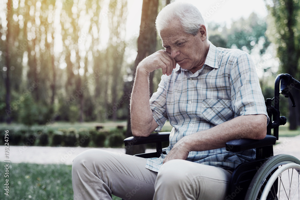 Fototapeta premium Sad old man in a wheelchair on the park