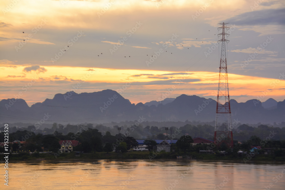Morning sunrise with Mekong river at Nakhon Phanom,Thailand and Kam Maun Laos