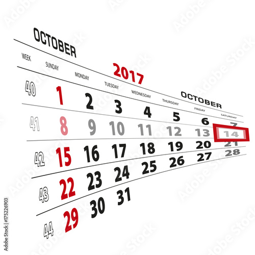 October 14, highlighted on 2017 calendar. Week starts from Sunday.