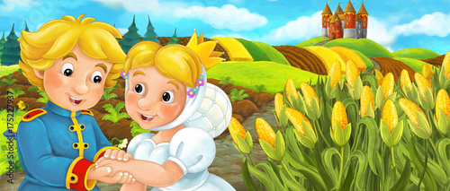 Fototapeta Naklejka Na Ścianę i Meble -  Cartoon happy farm scene with castle in the background - illustration for children
