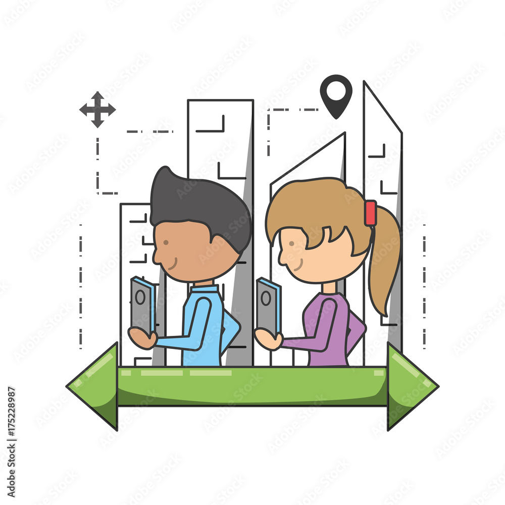 Gps girl and boy of travel navigation and route theme Vector illustration