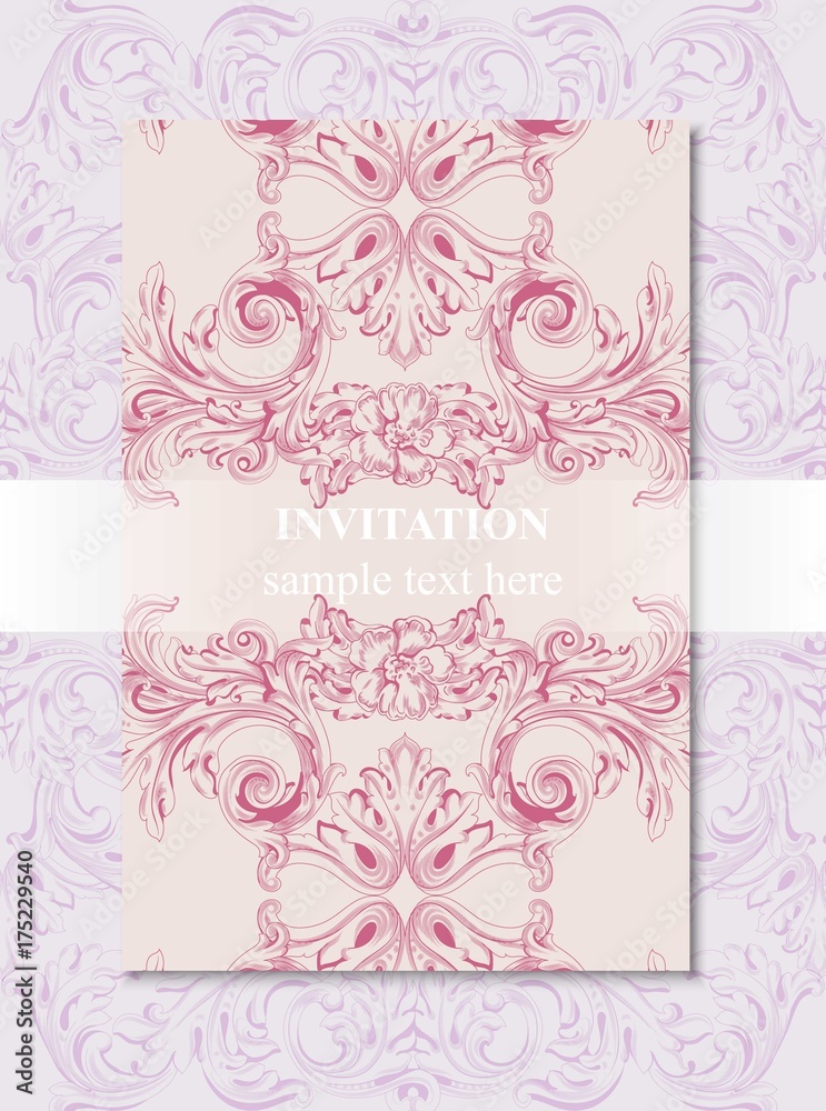 Invitation card Vector. Royal victorian pattern ornament. Rich rococo backgrounds. Primrose pink and lavender colors