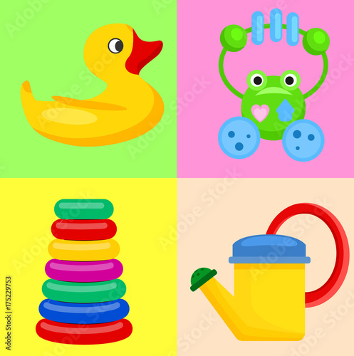 Plastic Toys for Children on Colorful Backgrounds