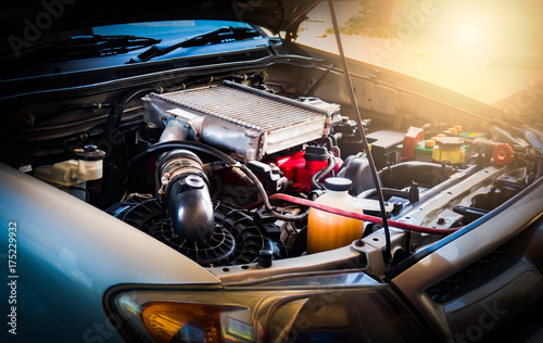 Car crash open hood car mechanic to check condition of damage. See the radiator cooling panel Engine and electronic system for mechanic to check damage thoroughly to repair engine to complete for use.