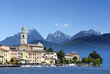 panoramic view to the center of Salo at the lake Garda in Italy, Lombardia with alpes and blue sky