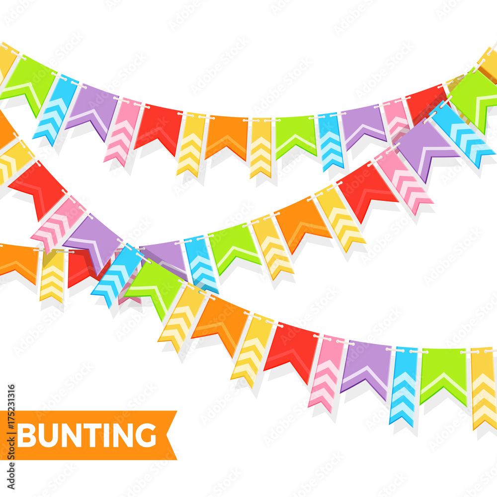 Fototapeta premium Bunting colorful flags vector illustration isolated on white.
