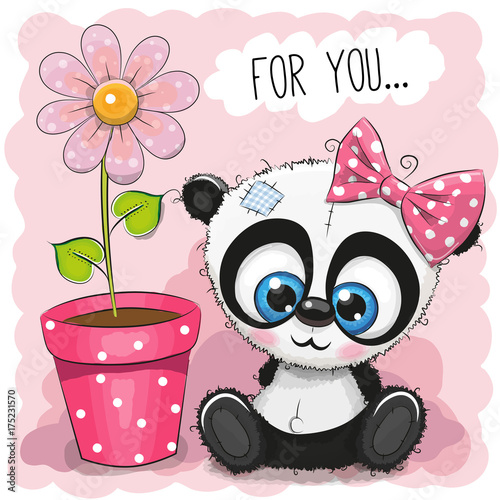Fototapeta Naklejka Na Ścianę i Meble -  Greeting card Panda girl with flower