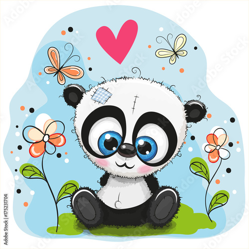 Fototapeta Naklejka Na Ścianę i Meble -  Cute Panda with flowers and butterflies