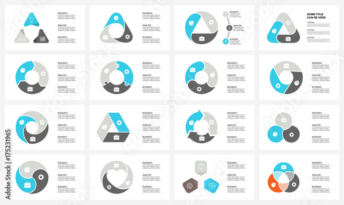 Vector circle arrows triangle infographic, cycle diagram, graph, presentation chart. Business concept with 3 options, parts, steps, processes. 16x9 slide templates bundle.