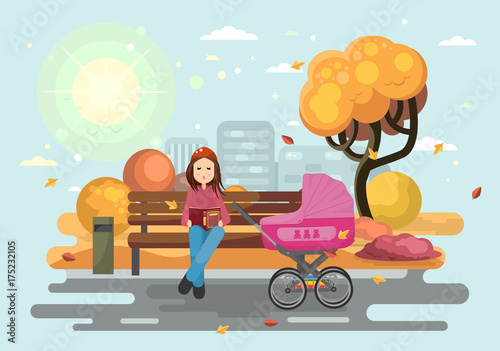 Young mother with baby carriage in the autumn city park. Mom or babysitter with pink pram reading book on bench. Flat vector illustration.