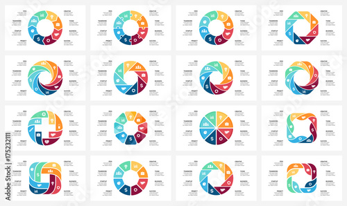 Vector circle arrows infographic, cycle diagram, graph, presentation chart. Business concept with 8 options, parts, steps, processes. 16x9 slide templates bundle.