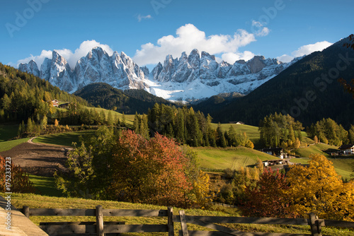 Beautiful relaxing meditative autumn landscape in Dolomites, Italy, Europe.