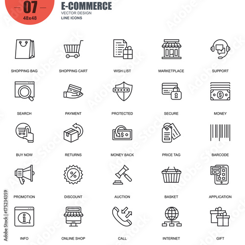 Simple Set of E-commerce Related Vector Line Icons. Contains such Icons as Shop, Delivery, Shopping bag, Sale, Wallet, Online Support, Price Tag and more. Editable Stroke. 48x48 Pixel Perfect.