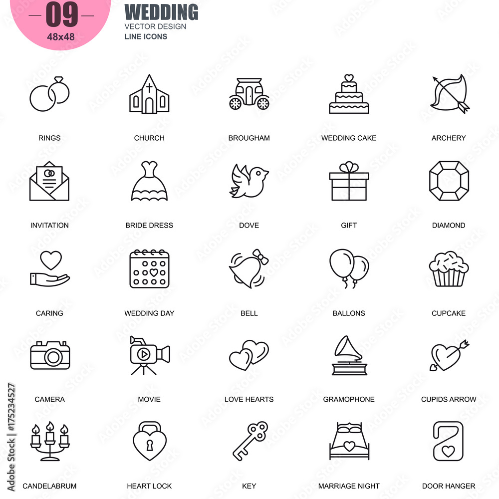 Simple Set of Wedding Related Vector Line Icons. Contains such Icons as Bride Dress, Ballons, Rings, Brougham, Love Hearts, Gift, Invitation and more. Editable Stroke. 48x48 Pixel Perfect.