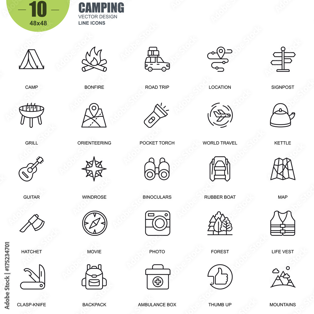 Simple Set of Camping Related Vector Line Icons. Contains such Icons as Camp, Bonfire, Kettle, Map, Binoculars, Forest, Backpack, Rubber Boat and more. Editable Stroke. 48x48 Pixel Perfect.