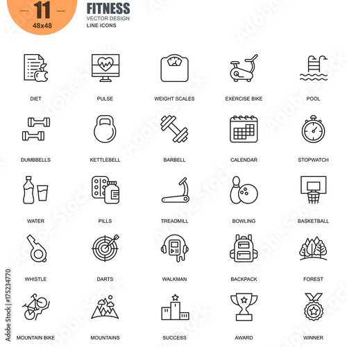 Simple Set of Fitness Related Vector Line Icons. Contains such Icons as Pool, Kettlebell, Dumbbells, Bike, Weight Scales, Treadmill, Stopwatch and more. Editable Stroke. 48x48 Pixel Perfect.