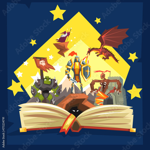 Open book with legend, fairy tail fantasy book with knights, dragon, wizard, imagination concept