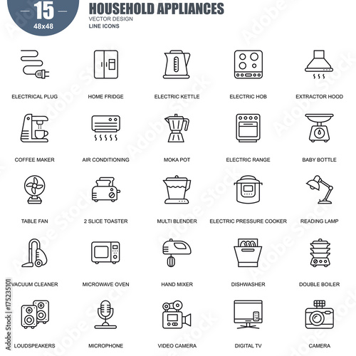 Simple Set of Household Appliances Related Vector Line Icons. Contains such Icons as Extractor Hood, Air Conditioning, Multi Blender, Microwave Oven and more. Editable Stroke. 48x48 Pixel Perfect.