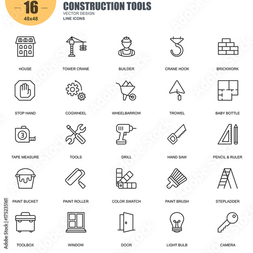 Simple Set of Construction Tools Related Vector Line Icons. Contains such Icons as Tower Crane, Builder, Brickwork, Drill, Hand Saw, Stepladder and more. Editable Stroke. 48x48 Pixel Perfect.