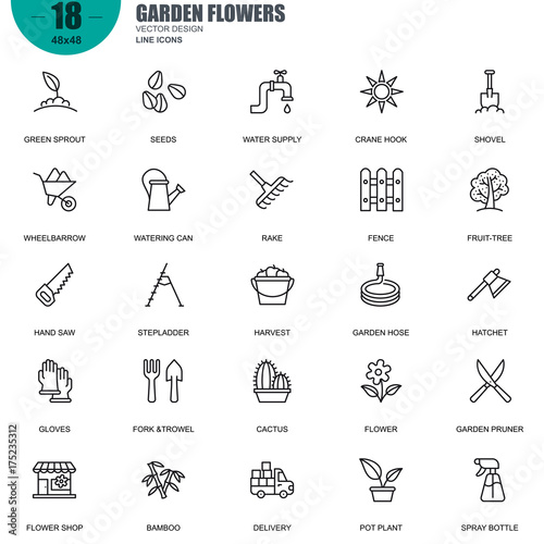 Simple Set of Garden Flowers Related Vector Line Icons. Contains such Icons as Green Sprout, Seeds, Cactus, Stepladder, Harvest, Fruit-tree and more. Editable Stroke. 48x48 Pixel Perfect.