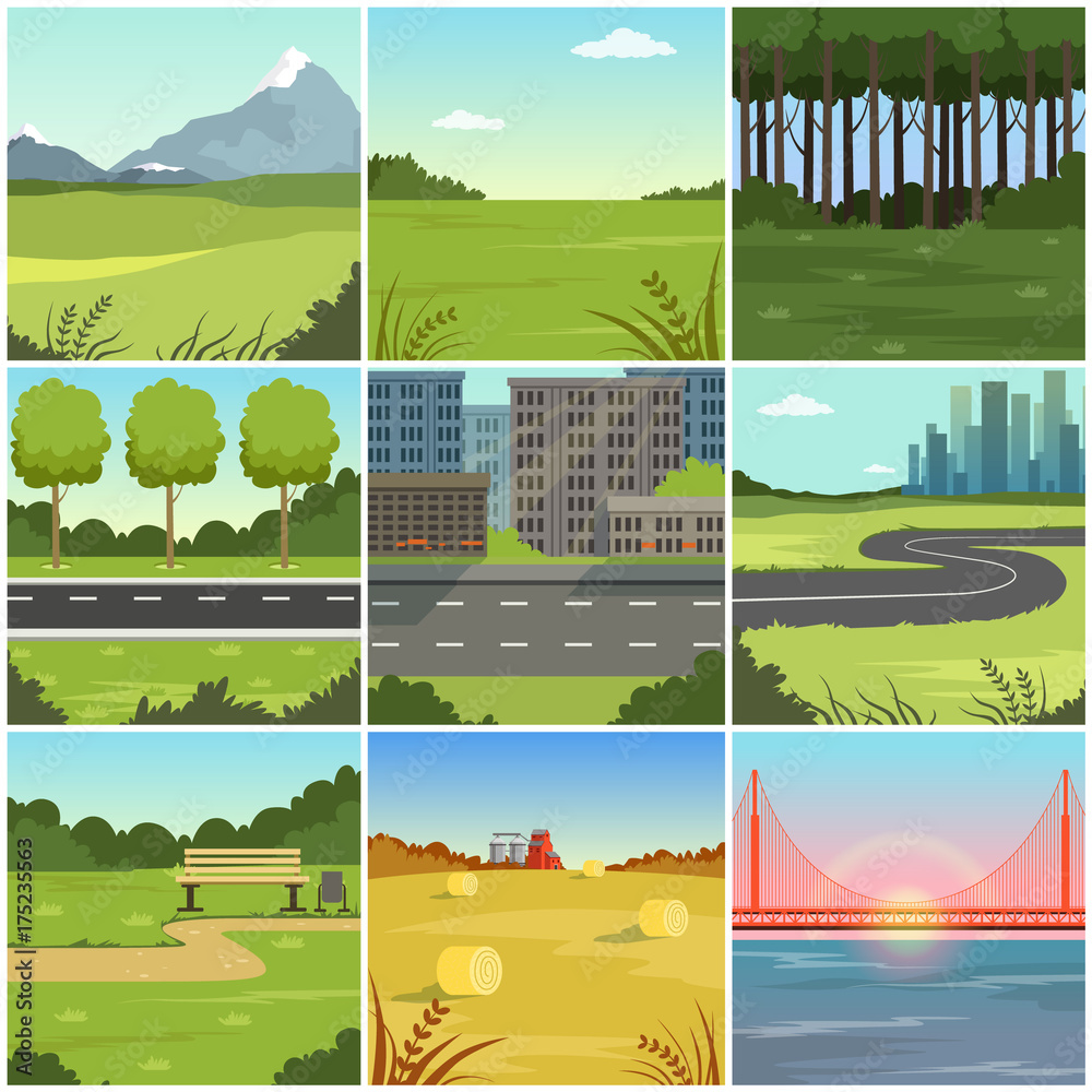 Naklejka premium Different natural summer landscapes set, scenes of city, park, field, mountain, road, river and bridge