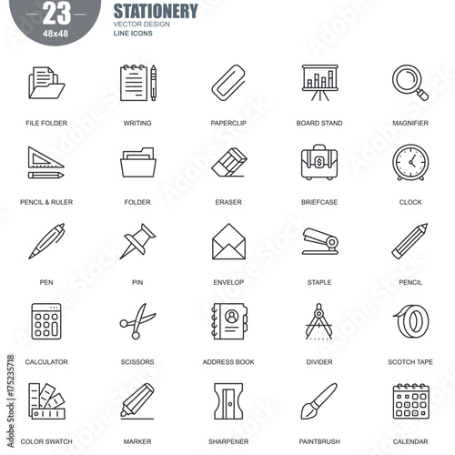 Simple Set of Stationery Related Vector Line Icons. Contains such Icons as File Folder, Magnifier, Calculator, Pencil, Paintbrush, Briefcase and more. Editable Stroke. 48x48 Pixel Perfect.