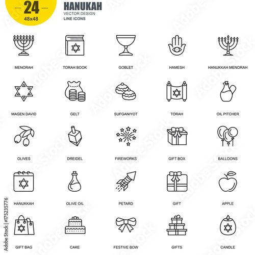 Simple Set of Hanukah Related Vector Line Icons. Contains such Icons as Menorah, Torah Book, Candle, Dreidel, Hamesh, Sufganiyot and more. Editable Stroke. 48x48 Pixel Perfect.