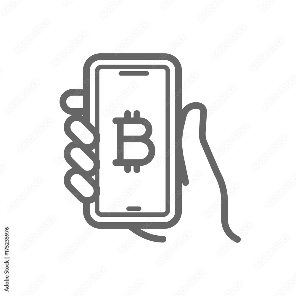 Bitcoin online symbol on the smartphone in hand line icon. Cryptocurrency bitcoin online wallet concept. Linear vector icon isolated on white transparent background. Bitcoin online symbol on the smartphone in hand line icon. Cryptocurrency bitcoin online wallet concept. Linear vector icon isolated on white transparent background.