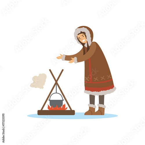 Eskimo, Inuit, Chukchi woman character in traditional costume cooking food in the pot over a bonfire, northern people, life in the far north vector Illustration