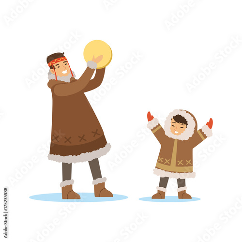 Eskimo, Inuit, Chukchi kids in traditional costume playing tambourine, northern people, life in the far north vector Illustration