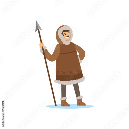 Smiling Eskimo, Inuit, Chukchi man character in traditional costume standing with spear, northern people, life in the far north vector Illustration