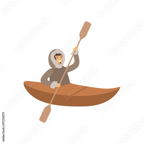 Smiling Eskimo, Inuit, Chukchi man character in traditional costume swimming on boat, northern people, life in the far north vector Illustration