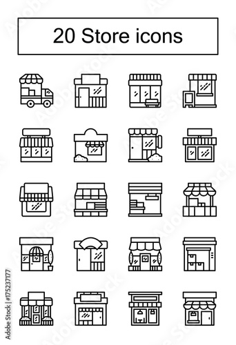 Store shop front line icon set isolated vector illustration. 20 store front icons set.