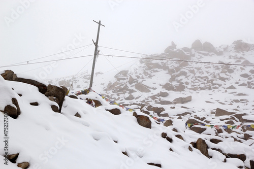 Snow along the road to Khardung La pass, Ladakh, India photo