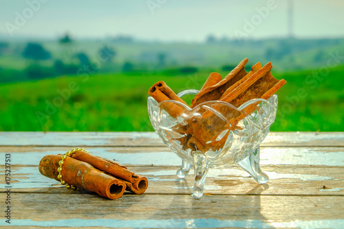 Fényképezés Cinnamon on wooden table  with nature background