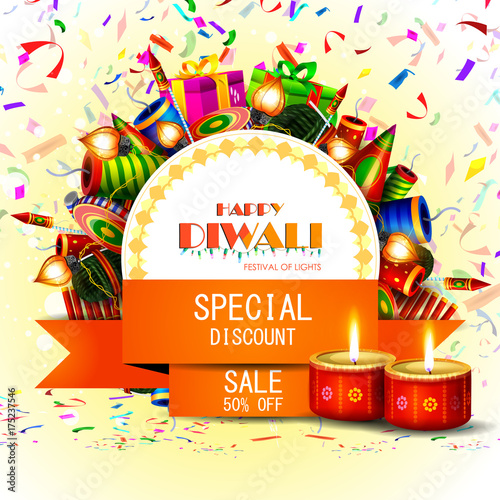 Decorated diya with cracker for Happy Diwali holiday  shopping sale offer background