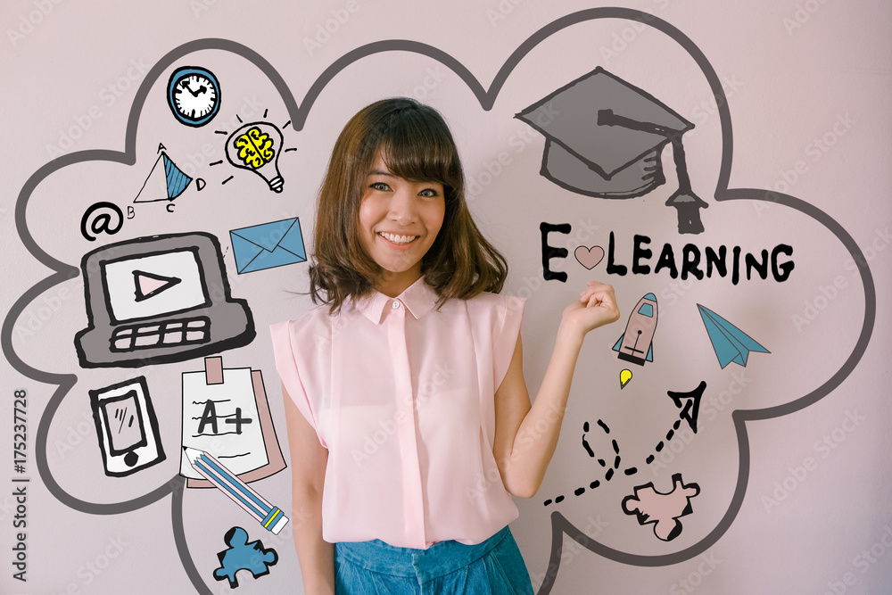 E-Learning and digital lifestyle Concept. Young Asian Business woman standing with education and E-learning illustration doodles background E-Learning and digital lifestyle Concept. Young Asian Business woman standing with education and E-learning illustration doodles background